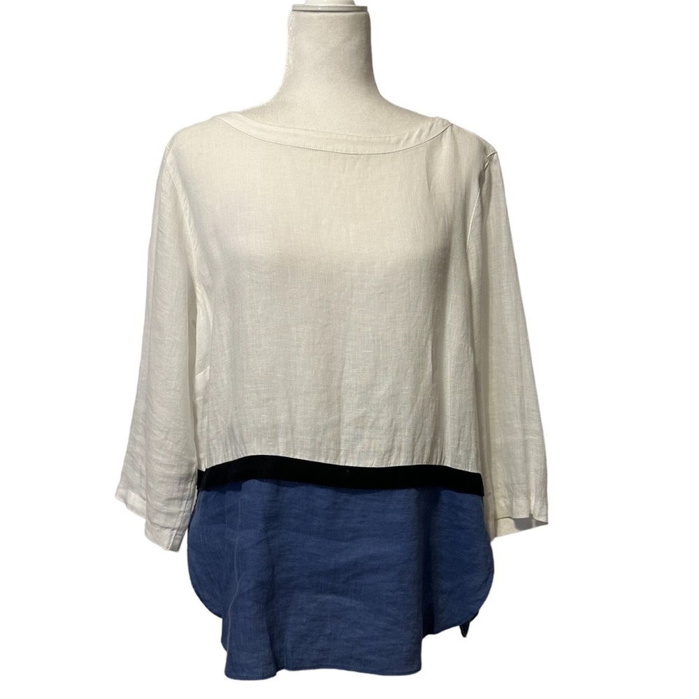 J Jill Love 100% Linen Colorblock top womens size medium white blue Lagenlook